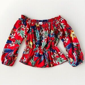 Jacaranda Womens M Off Shoulders Red Multicolored Tropical Floral Peplum Blouse
